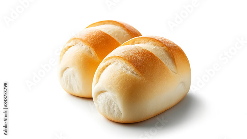 two white French bread rolls isolated on a white background.