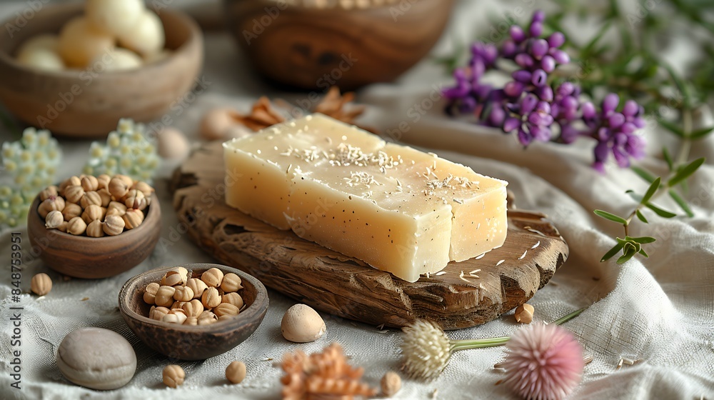 Various Shea butter care items displayed on a linen cloth with dried flowers and small stones. Various Shea butter care items displayed on a linen cloth with dried flowers and small stones.