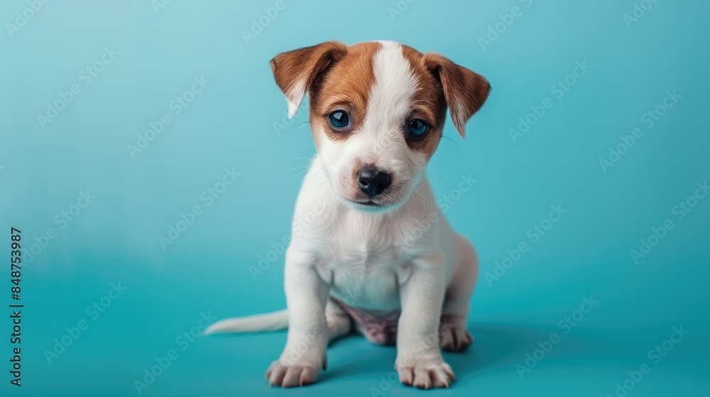 Adorable Jack Russell Terrier puppy posing on vibrant blue backdrop