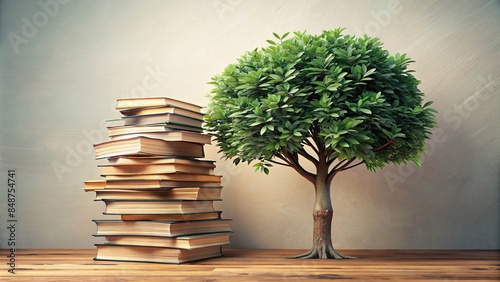 Tree with leaves made of books to symbolize knowledge growth, education, learning, wisdom, literature, tree of knowledge