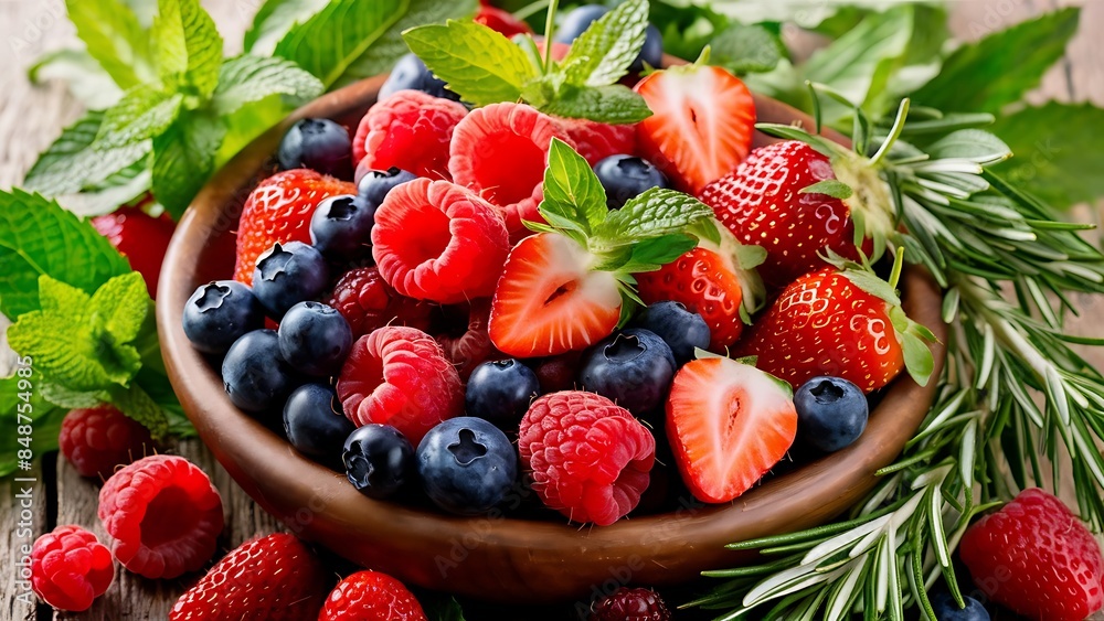 Selection of different drinking vinegars berries with herbs Selection of different drinking vinegars berries with herbs