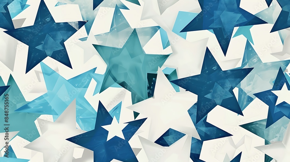 Obraz premium Design a seamless pattern of overlapping stars in shades of blue and white, white background