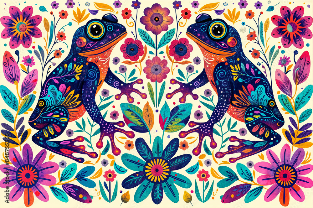 Naklejka premium floral exotic and surreal wallpaper with blue frogs, contrast dark colors illustration 