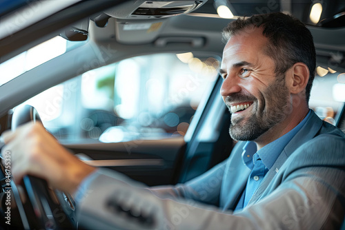 Smiling male customer examining the interior of a car he's considering purchasing at a dealership