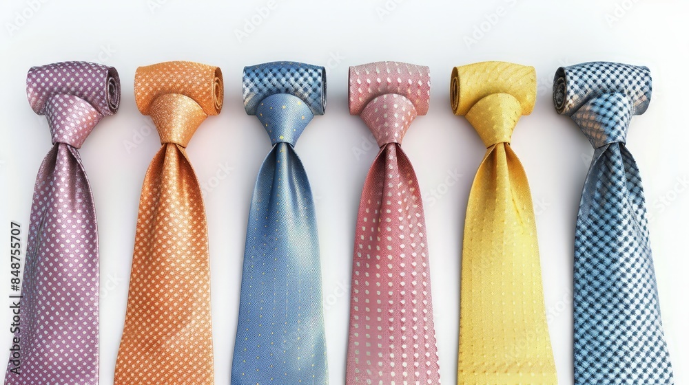 Six, coloured ties with handkerchiefs on white background in studio. accessory on white background. Six, coloured ties with handkerchiefs on white background in studio. accessory on white background.