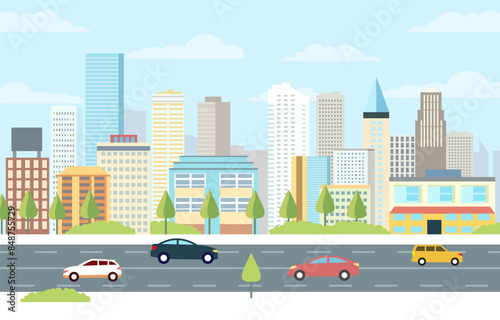 Flat Design Illustration of Cars Vehicle in City Road Traffic with Cityscape in Bright Day