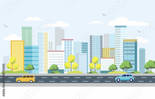 Flat Design Illustration of Cars Vehicle in City Road Traffic with Cityscape in Bright Day