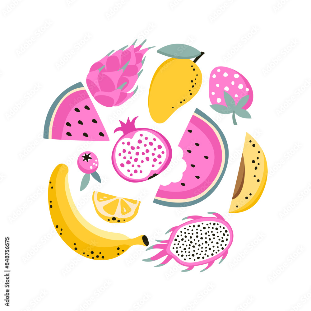Print with set of fruits. Watermelon, dragon fruit, mango, banana, pomegranate, lemon and strawberry. For creating your own cards and patterns. Print with set of fruits. Watermelon, dragon fruit, mango, banana, pomegranate, lemon and strawberry. For creating your own cards and patterns.