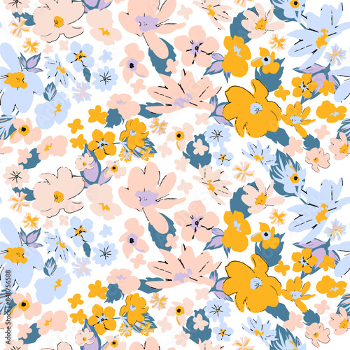 Pretty Floral Wallpaper on light background. Minimalist simple seamless pattern with flowers. Will be fine for textile or manufacturing, wallpapers, print, gift wrap and scrapbooking.