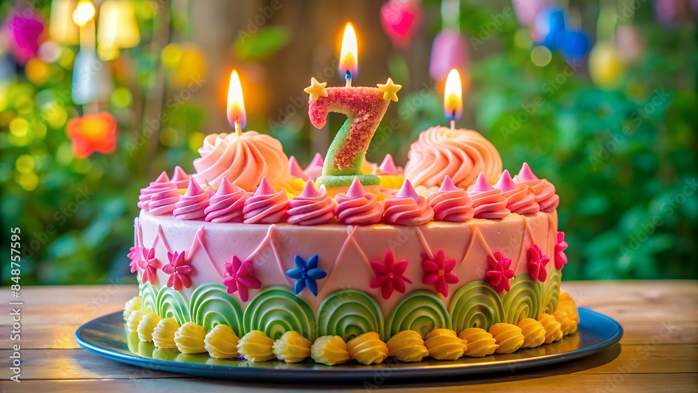 7th Birthday Cake on Wooden Table with Blurred Garden Background. Perfect for: Outdoor Birthday Parties, Nature-themed Celebrations, Children's birthday celebrations, Garden parties, Family gatherings 7th Birthday Cake on Wooden Table with Blurred Garden Background. Perfect for: Outdoor Birthday Parties, Nature-themed Celebrations, Children's birthday celebrations, Garden parties, Family gatherings