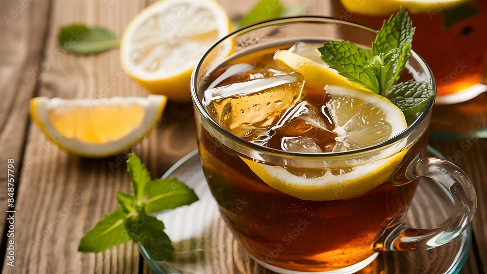 Cold tea with ice lemon and mint on a wooden background selective focus Cold tea with ice lemon and mint on a wooden background selective focus
