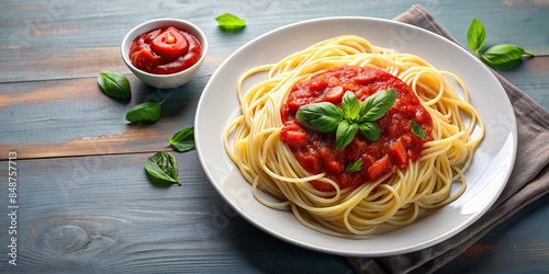 A delicious plate of spaghetti topped with marinara sauce and fresh basil, Italian, pasta, food, delicious, meal, dinner