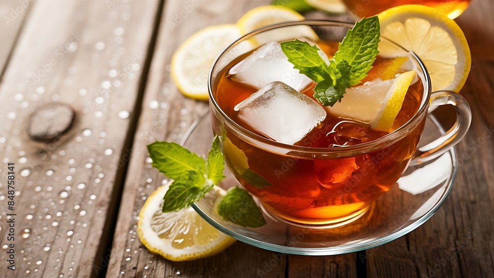 Cold tea with ice lemon and mint on a wooden background selective focus Cold tea with ice lemon and mint on a wooden background selective focus
