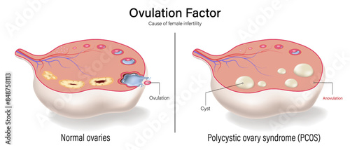 Female infertility vector. Comparison of normal ovaries and polycystic ovary syndrome (PCOS). Ovulation factor. Female reproductive system.
