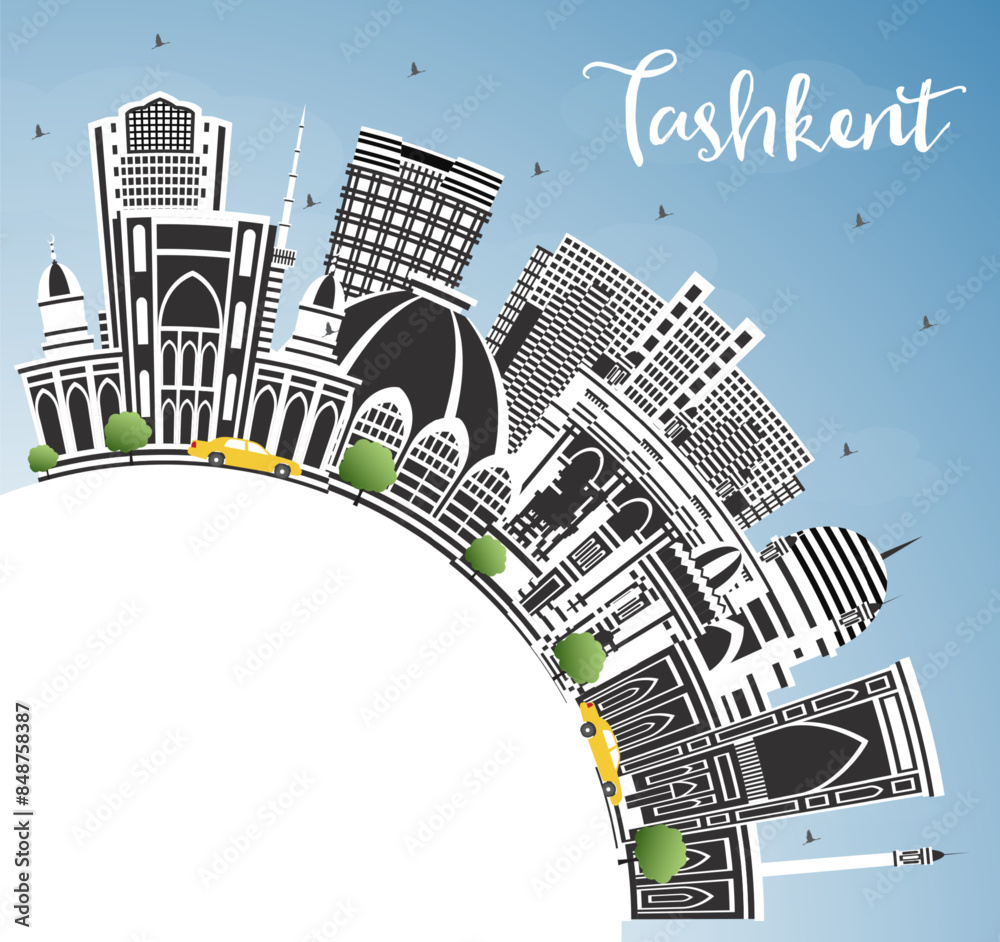 Tashkent Uzbekistan City Skyline with Color Buildings, Blue Sky and ...