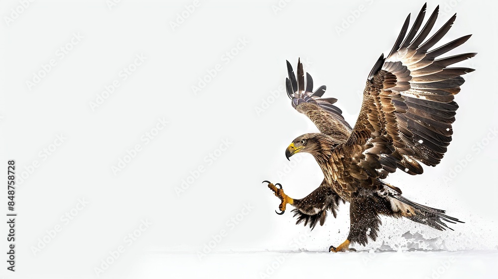 A snowy bird spreads its wings and stands with feet apart A snowy bird spreads its wings and stands with feet apart