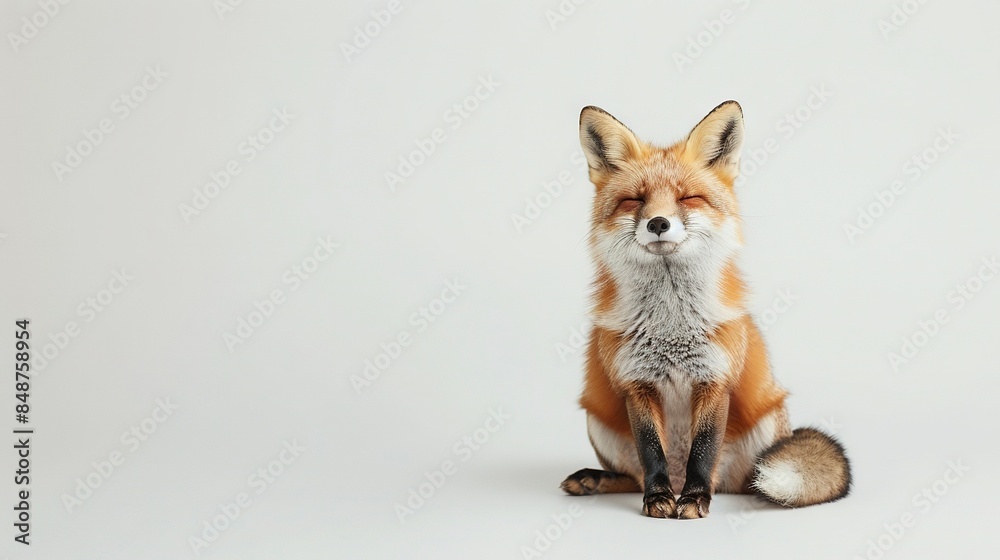 Obraz premium Fox sitting on white surface, eyes closed, head turned to side