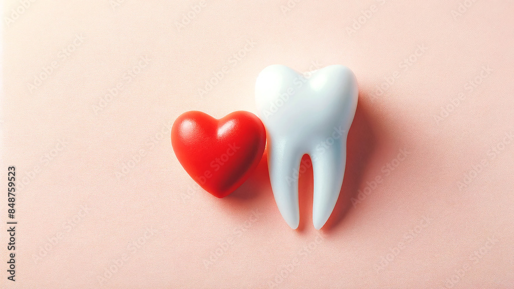 Two teeth and a red heart on a pastel background. Two teeth and a red heart on a pastel background.