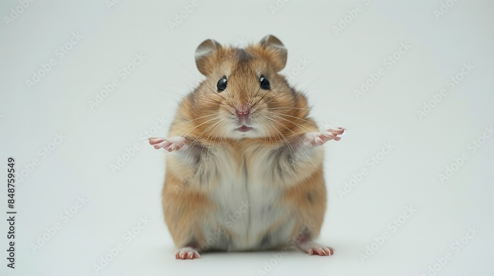 A brown and white hamster stands on hind legs in front of a white background, lifting front paws A brown and white hamster stands on hind legs in front of a white background, lifting front paws