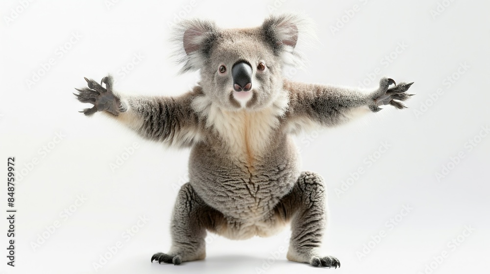 Obraz premium A koala standing upright against a white backdrop, arms extended outward