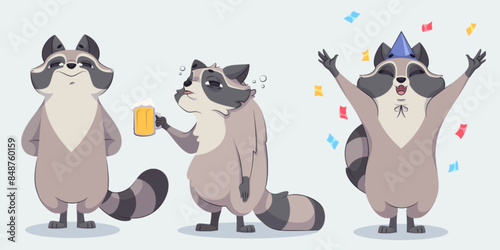 Funny racoon characters set isolated on white background. Vector cartoon illustration of animal mascot standing happy, drinking beer glass with hangover, celebrating holiday at party with confetti