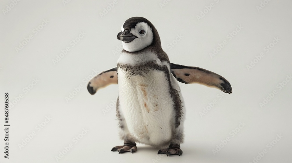 Naklejka premium A tiny penguin stands proudly on two legs, wings spread wide, eyes alert on a crisp white backdrop