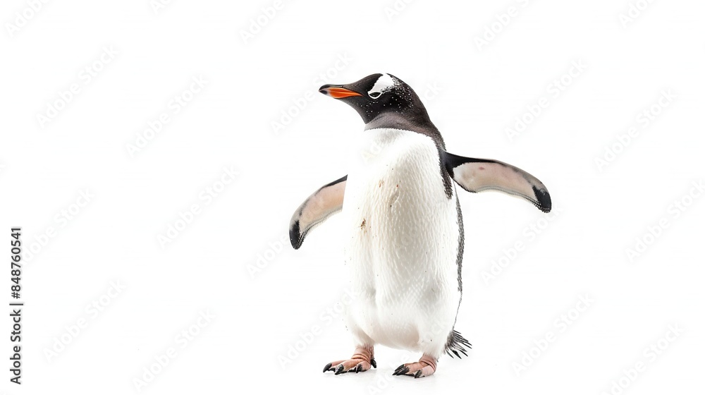 Obraz premium A penguin standing on two hind legs in front of a white background with a black and white penguin on its back legs