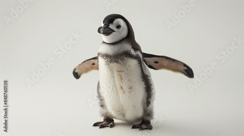  A tiny penguin stands proudly on two legs, wings spread wide, eyes alert on a crisp white backdrop