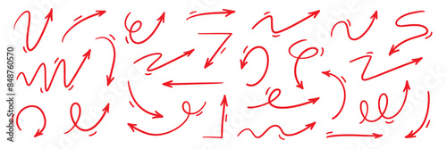 Arrow vector red hand drawn sketch icon set. Doodle sketch drawn red direction element set. Pencil doodle line graphic design elements. Handwritten direction arrow background. Vector illustration.