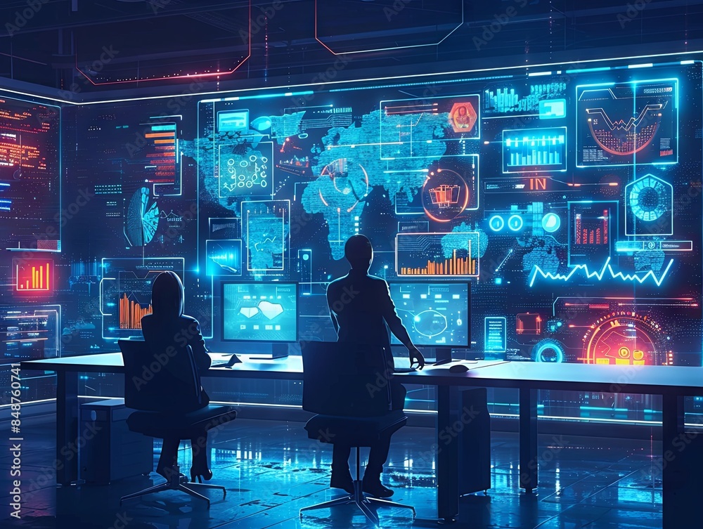 illustration of two business people analyzing and staring at a large hologram monitor screen containing information on world stock growth. global elites are working to control eco-growth illustration of two business people analyzing and staring at a large hologram monitor screen containing information on world stock growth. global elites are working to control eco-growth