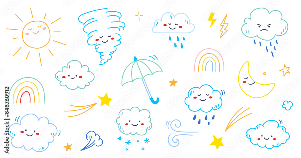 Cloud rain weather cartoon cute set. Cloud, sun, moon weather character with smile and angry face. Hand drawn doodle sketch style. Rainbow, wind, tornado doodle character. Vector illustration. Cloud rain weather cartoon cute set. Cloud, sun, moon weather character with smile and angry face. Hand drawn doodle sketch style. Rainbow, wind, tornado doodle character. Vector illustration.