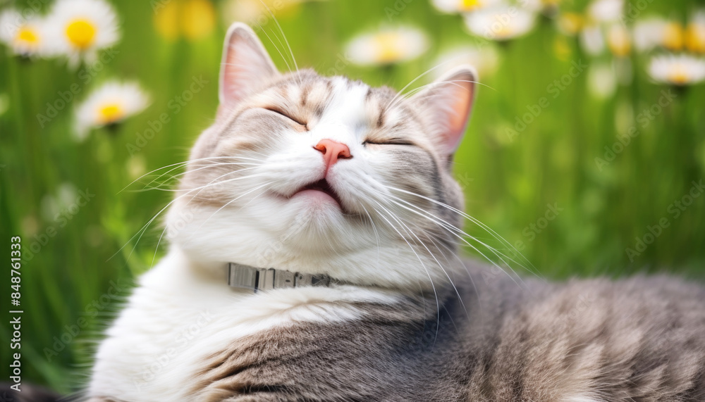 Happy funny cute fluffy sleepy white, orange, grey tabby kitty cat with closed eyes facing front relaxing lying on green meadow grass with white daisy flowers background. Happy funny cute fluffy sleepy white, orange, grey tabby kitty cat with closed eyes facing front relaxing lying on green meadow grass with white daisy flowers background.