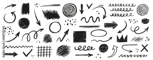 Arrow line hand drawn brush vector set. Grunge square, spiral, arrow element scribble line brush hand drawn sketch design. Grunge abstract chalk, crayon pencil style. Vector illustration.