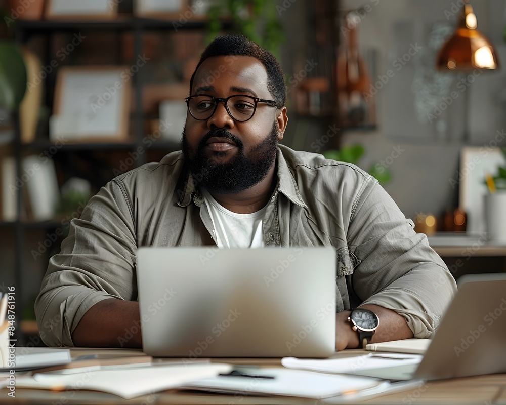 Confident Overweight Businessman Diligently Working at Modern Workspace Confident Overweight Businessman Diligently Working at Modern Workspace