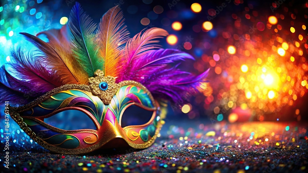Colorful and fun carnival mask with feathers and glitter, carnival, mask, festive, celebration, party, colorful, bright
