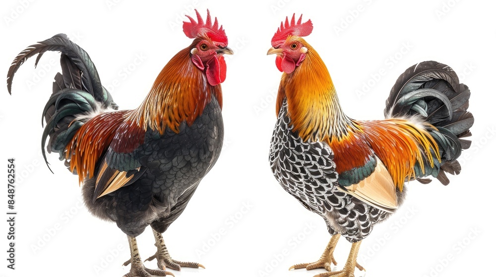 Fototapeta premium Isolated Rooster and Chicken on White Background with Clipping Path