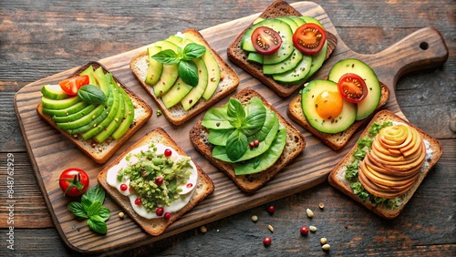 Assorted avocado toasts on a wooden cutting board, avocado, toast, variety, savory, sweet, healthy, brunch, breakfast photo
