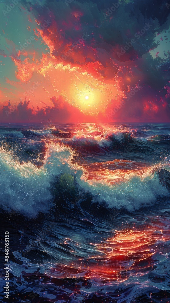 Fototapeta premium Colorful sunset over ocean. Sunset on the beach.