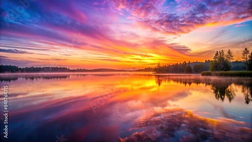 Radiant sunrise over tranquil lake with hues of orange, pink, and purple on water's surface, sunrise, radiant, lake, tranquil