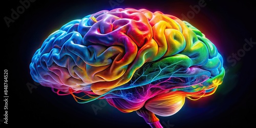 Colorful and dynamic human brain representing reciprocal determinism, brain, creativity, psychology, interaction