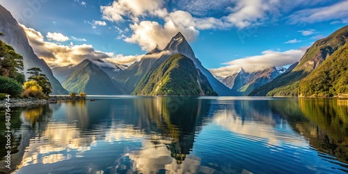 Iconic Mitre Peak towering over Milford Sound in Fiordland National Park, New Zealand, Southern Alps, landscape, nature photo