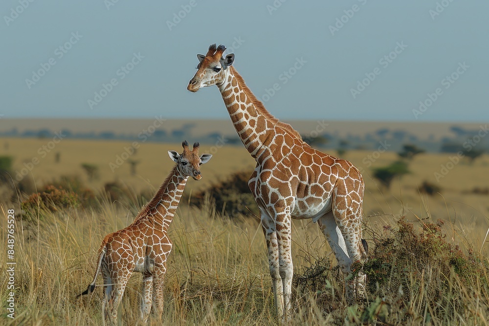 Obraz premium A baby giraffe standing close to its mother in the savannah, looking up at her. The background includes acacia trees and a clear blue sky