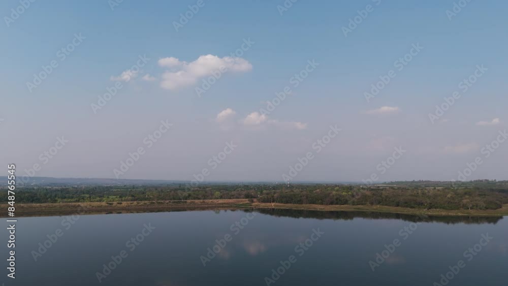 Drone shot aerial view scenic landscape of big river dam Drone shot aerial view scenic landscape of big river dam