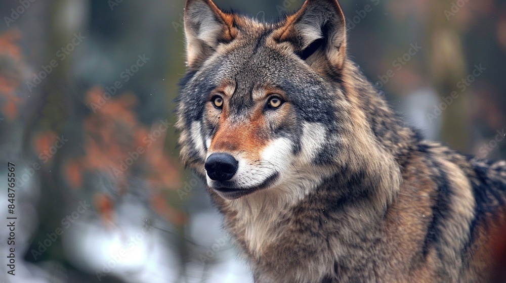 A close-up of a wolf's face with trees in the background and snow on the ground in the foreground A close-up of a wolf's face with trees in the background and snow on the ground in the foreground