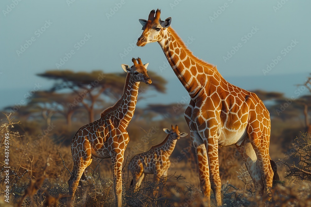 Fototapeta premium A baby giraffe standing close to its mother in the savannah, looking up at her. The background includes acacia trees and a clear blue sky