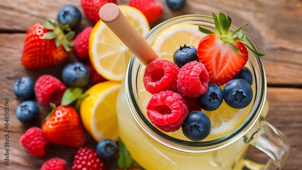 Lemonade with summer berries in glass jar with handle on wooden background Lemonade with summer berries in glass jar with handle on wooden background