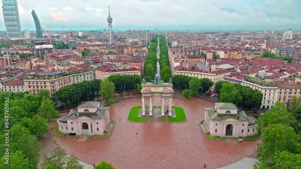 Drone aerial view of Milan downtown city centre, Italy Drone aerial view of Milan downtown city centre, Italy