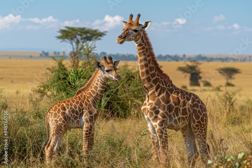 A baby giraffe standing close to its mother in the savannah, looking up at her. The background includes acacia trees and a clear blue sky © Nico