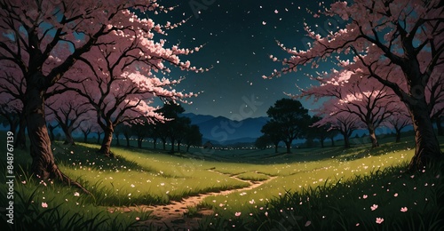 sakura blossom trees blooming in dark night park meadow tree orchard. scattered petals blowing in wind. nature landscape tree and mountain template background.