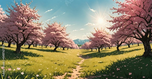 sakura blossom trees blooming in sunny park meadow tree orchard. nature landscape tree and mountain template background.